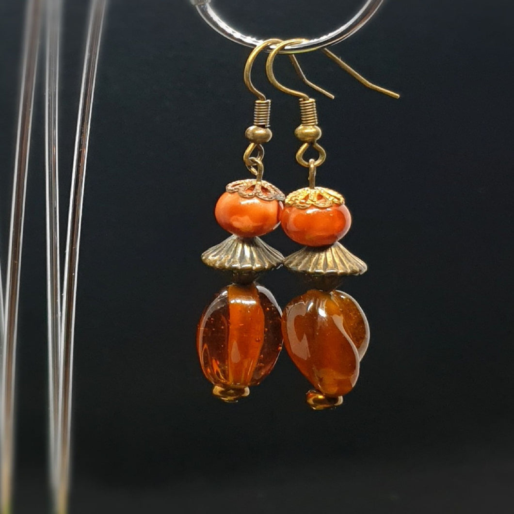 Australian Made Up-cycled Vintage Czech Amber and Tigers eye twirl Earrings