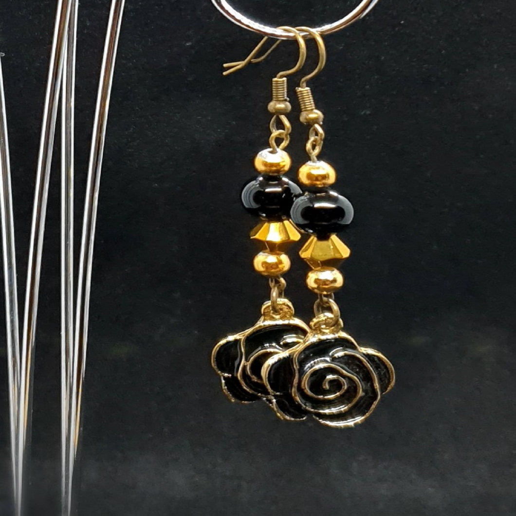 Australian Made Up-cycled Vintage Black and Gold Rose Earrings