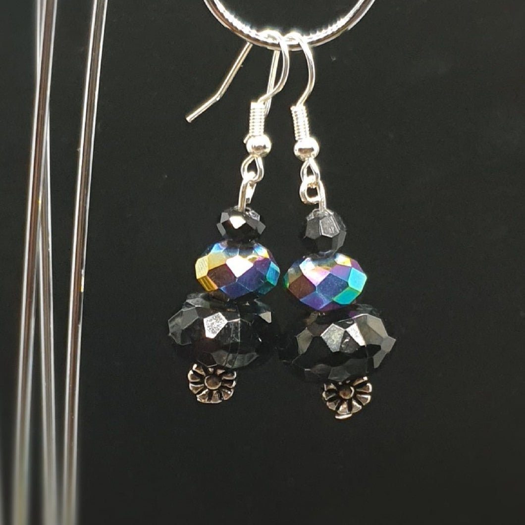 Australian Made Up-cycled Vintage Art Deco Black and Silver crystal and silver flower Earrings