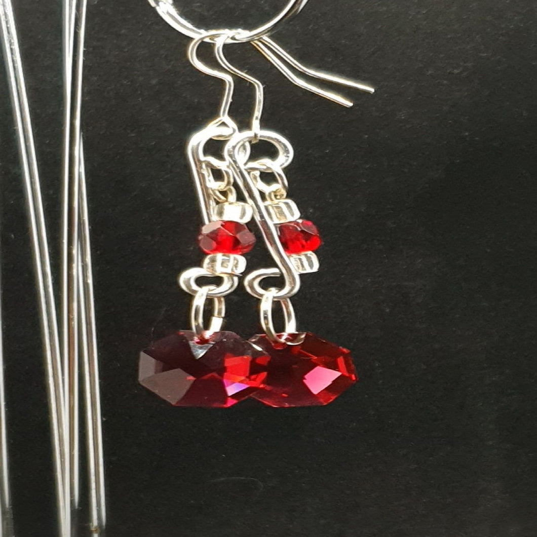 Australian Made Up-cycled Vintage Drop Silver twist and Ruby crystal Earrings