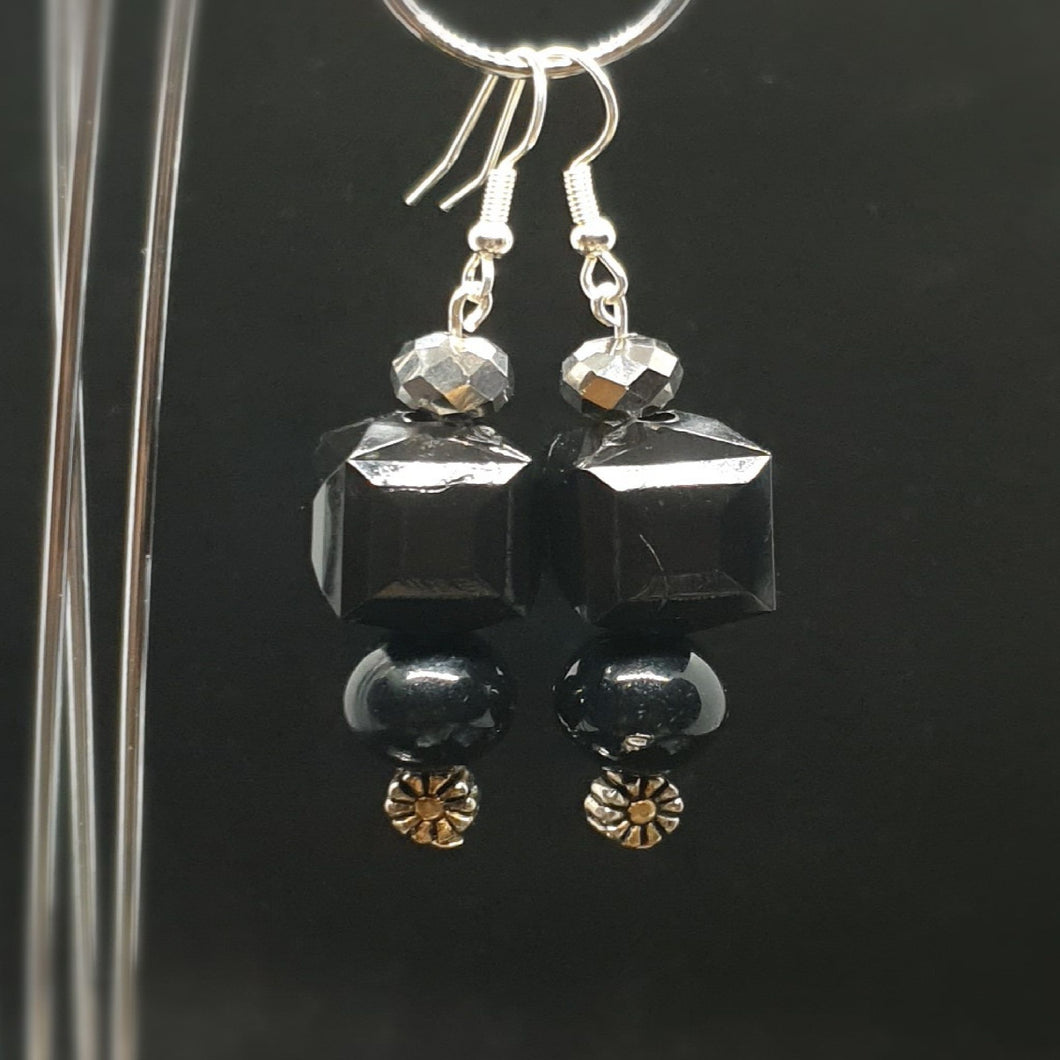 Australian Made Up-cycled Vintage Bold Black crystal and silver flower Earrings